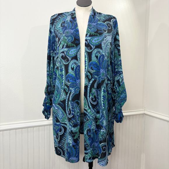 Susan Graver Plus Size 1X Cardigan Sweater Paisley Boho Career Ruched Sleeve - Picture 1 of 13